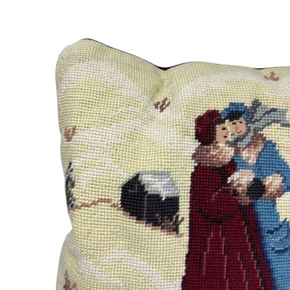Needlepoint Winter Scene Throw Pillow 2 People Winter Coats Snowy Tree Cabin - Picture 2 of 16